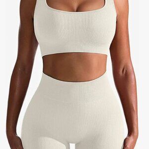 Cream Workout Outfit for Women - 2 Piece Ribbed w/ High Waist - size M